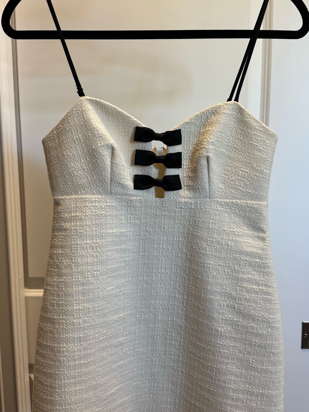 LoveShackFancy Cream Textured Mini Dress with Black Bow Accents